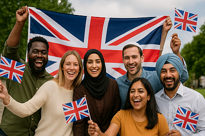 Diverse group of happy British people celebrating together with Union Jack flags in a park. Multicultural men and women smiling and showing unity and national pride in the UK. Inclusive British community embracing cultural diversity