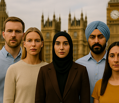 Diverse group of British individuals standing in front of the UK Parliament and Big Ben. The group includes Caucasian, Sikh, Muslim, and Hindu individuals, representing different faiths and backgrounds. A visual symbol of unity, inclusion, and civic pride in modern Britain