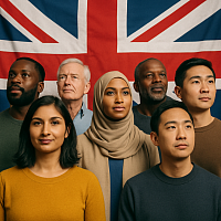 A diverse group of British people from various ethnic and religious backgrounds stands united in front of the Union Jack flag. The group includes men and women, with visible representation of Muslim, Black, Asian, and White individuals. The image reflects unity, patriotism, and inclusion — symbolizing modern British identity and multicultural pride.