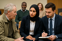 Diverse community meeting with professionals attentively listening to a senior man. A woman in a black hijab and a man in a suit take notes during a public discussion, highlighting civic engagement, local government outreach, and inclusive political dialogue in a multicultural setting.