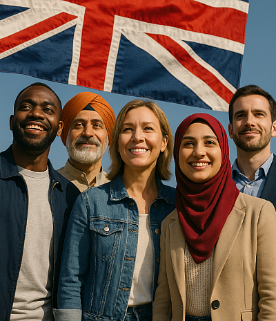 Group of diverse British citizens standing together and smiling proudly in front of a waving Union Jack flag. Featuring individuals of various ethnic and cultural backgrounds, the image represents unity, national pride, inclusivity, and modern British identity under a clear blue sky.