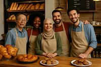 High-resolution photo of a diverse team of bakery staff in the UK smiling proudly behind a wooden counter. The group includes individuals of East Asian, Black, Middle Eastern, and Caucasian backgrounds, all wearing beige aprons in a cozy shop filled with fresh pastries, representing small business success and inclusive workplace culture.