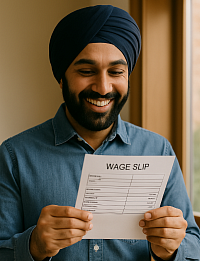 Smiling South Asian man in a blue denim shirt and navy turban checking his wage slip with happiness. Standing by a window in a warmly lit indoor setting, the photo captures a positive financial moment and satisfaction with earnings, symbolizing fair pay and rewarding work.