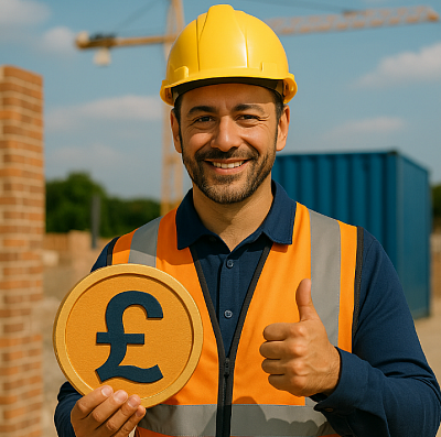 A realistic photograph of a British construction worker wearing a high-visibility vest and hard hat, smiling while holding a large gold coin featuring a pound (£) symbol in one hand and giving a thumbs-up with the other. The image represents fair pay, job satisfaction, and dignity in labour within the UK workforce.