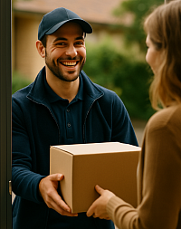 A realistic photograph of a smiling delivery driver handing a package to a customer at their front door. The driver is wearing a uniform and cap, and the scene takes place in a residential area, portraying friendly and professional service.