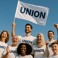 A diverse group of people of all ages stand together outdoors under a bright blue sky, all wearing white shirts with the word 
