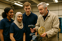 A vocational training session in a workshop features a diverse group of three young apprentices—Black, Middle Eastern, and Caucasian—gathered around an older male instructor with grey hair and a beard. The group is wearing dark blue uniforms, and the instructor is demonstrating the use of a power drill. The background includes industrial lighting and workshop equipment, capturing a realistic and professional learning environment that emphasizes hands-on skills and inclusive education.