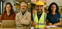 A composite photograph showing four ethnically and religiously diverse British workers in different job settings: a Black woman in a modern office, a white man in a factory wearing safety gear, a Muslim woman in a hijab working remotely at a laptop, and an Asian man operating industrial machinery. The image represents inclusive economic growth, fair wages, and diverse employment across sectors like office work, manufacturing, and remote jobs in the UK.