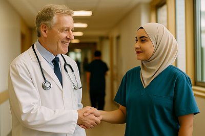 A realistic photograph shows a middle-aged male doctor in hospital scrubs speaking with a young female medical student. They are standing in a bright hospital hallway with clinical lighting and medical equipment in the background. The scene captures mentorship and workforce training in the NHS, representing investment in future healthcare professionals.