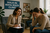 A compassionate therapist listens to a distressed young woman during a mental health consultation at a walk-in clinic. The image highlights accessible mental health support, professional care, and emotional wellbeing in a clinical setting.