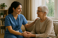 A caring nurse in blue scrubs provides emotional support to an elderly woman in a home setting. The image reflects compassion, elderly care, and professional healthcare assistance, highlighting trust and dignity in senior support services.