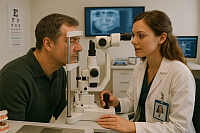 A female optometrist conducts a detailed eye examination on a male patient using a slit lamp in a modern clinic. The photo highlights professional eye care services, routine vision checks, and medical precision in a clean, clinical environment.