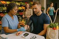 A healthcare professional checks a young man's blood pressure in a grocery store setting, promoting accessible community health screenings. The scene highlights wellness, healthy eating, and preventative care, with fresh produce and active lifestyles in the background.