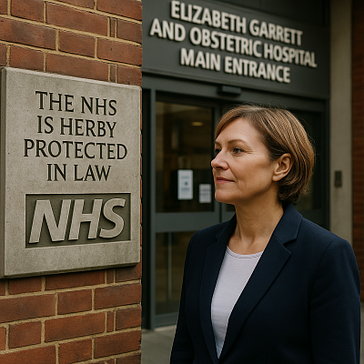 A confident woman stands outside Elizabeth Garrett and Obstetric Hospital, beside a stone sign affirming NHS legal protection, symbolizing commitment to safeguarding public healthcare in Britain.