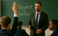A secondary school classroom in the UK where a teacher engages with students under a chalkboard message reading 