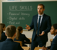 A UK classroom scene where a teacher educates secondary school students on essential life skills such as financial literacy, digital skills, and first aid, highlighting the importance of practical education for future success.