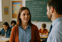 Two teachers in discussion inside a UK primary classroom, with students focused on their work in the background. The image reflects collaboration, classroom engagement, and a supportive school environment.