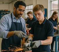 Vocational training in action—an experienced instructor guides a student in using a metal grinder in a well-equipped UK workshop. Emphasises hands-on skills, technical education, and workplace readiness.