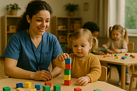A realistic photo of a teacher interacting with young children in a nursery classroom, symbolizing the importance of universal childcare, state-run nursery expansion, and support for working families through early education.