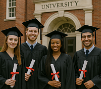 A realistic photo of four diverse university students in graduation attire holding diplomas, representing higher education success, opportunity, and equal access to academic achievement.