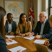 A realistic image of a multicultural group of professionals engaged in a serious roundtable discussion, symbolizing inclusive leadership, policy collaboration, and democratic decision-making in the UK.