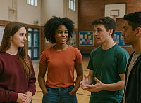 A realistic photo of a diverse group of teenagers having a thoughtful conversation in a school gym, symbolizing student leadership, teamwork, and inclusive youth participation in school or civic life.