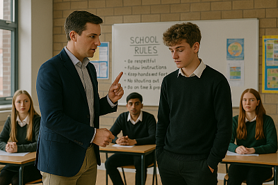 A realistic image of a teacher firmly addressing a student in front of peers, emphasizing classroom discipline, respect for school rules, and accountability in education settings.