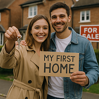A happy young couple stands proudly outside their newly purchased home, holding house keys and a “My First Home” sign. The image reflects homeownership, affordable housing, and support for first-time buyers in the UK.