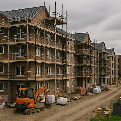 A new residential building site featuring scaffolding, brickwork, and construction machinery. This image reflects ongoing efforts to expand affordable housing, improve infrastructure, and support community development across the UK.