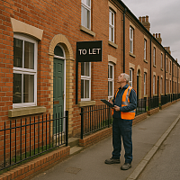 A row of traditional UK terraced houses with a visible “TO LET” sign. A housing professional inspects the property, representing the rental market, housing availability, and property oversight in Britain.