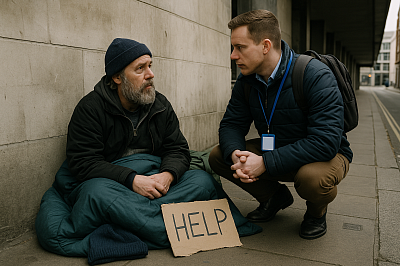 A concerned outreach worker talks to a homeless man seeking help on a UK city street. This image represents homelessness, social care, and community support in urban Britain.