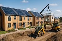 Construction of sustainable modular homes in the UK using solar panels and modern building techniques. Promoting green energy, affordable housing, and efficient urban planning.