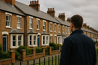 Traditional British terraced homes with uniform brick design and bay windows in a quiet residential area. A man looks on, reflecting housing interest or urban regeneration.