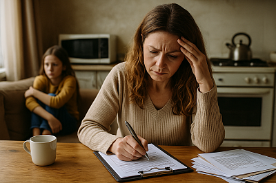 A concerned mother works through documents in a modest UK kitchen, highlighting the emotional burden of rising living costs and financial pressure on working-class families.