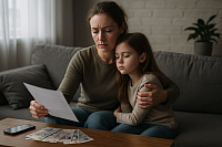 A poignant, realistic photo of a concerned mother holding her young daughter while reviewing financial documents. Banknotes and a phone rest on the table, symbolising economic hardship and the need for compassionate welfare reform. This image represents themes of financial support, Universal Credit, cost-of-living crisis, and social justice in the UK.