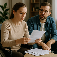 A realistic and empathetic photo of a woman in a manual wheelchair, thoughtfully reading documents beside a supportive companion in a bright, accessible living room. The image highlights the importance of fair disability assessments, inclusive housing, and tailored support services.