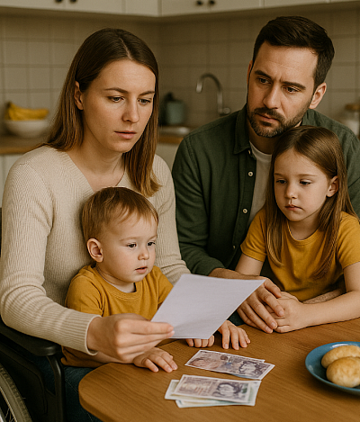 A realistic photo of a family of four gathered around a kitchen table, reviewing documents and banknotes. The parents appear focused and concerned, while their children sit closely, symbolising unity and the importance of financial support in lifting children out of poverty.
