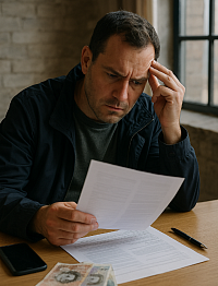 A realistic photo of a middle-aged man intently reading benefit-related documents, surrounded by British currency, a pen, and a smartphone. The scene conveys themes of integrity, fraud detection, and responsible oversight in the welfare system.