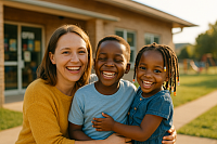 A joyful and heartwarming photo of a smiling woman embracing two happy children outdoors near a school or childcare center. The image reflects themes of opportunity, inclusion, support for working families, and uplifting childhood through access to education and care.