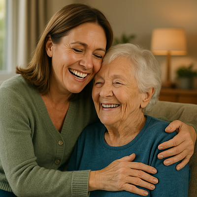 A heartwarming photo of a smiling middle-aged woman embracing an elderly woman in a cozy, sunlit living room. The image represents the compassion, dignity, and support deserved by full-time carers, reflecting themes of mental well-being, recognition, and intergenerational care.