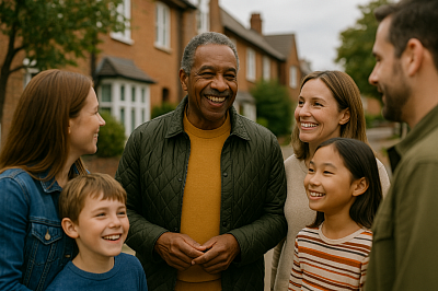 A joyful and inclusive photo showing people of different ages and ethnic backgrounds smiling and chatting on a residential UK street. This heartwarming scene reflects dignity, unity, and the promise of a supportive society where no one is left behind.
