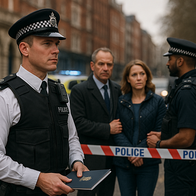 A British police officer stands in uniform at a cordoned-off scene, holding a document as a concerned couple speaks with another officer nearby. Police tape, a patrol vehicle, and red brick buildings in the background set the scene, highlighting law enforcement’s role in public safety and justice.