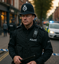 A uniformed British police officer patrols a busy urban street at dusk, standing alert with a baton in hand. Behind him, a police car with flashing lights and blurred pedestrians add context to a secure, orderly environment. The scene reflects strong policing, public safety, and restored community trust.