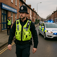 A British police officer in a high-visibility vest patrols a residential street near a Neighbourhood Policing Team office. Another officer stands by the entrance, and a marked police vehicle with flashing lights is parked nearby. The image highlights visible policing, community safety, and investment in frontline officers.