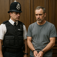 A British police officer in formal uniform stands beside a handcuffed man in a courtroom setting. The officer maintains a stern expression while the offender, dressed in a plain grey T-shirt, looks visibly remorseful. The polished wood paneling and serious tone reflect sentencing, repeat crime prevention, and justice enforcement.