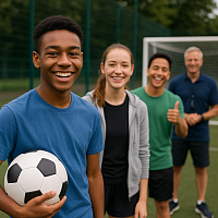 A group of smiling teenagers and their coach stand on a football pitch, with one boy holding a soccer ball in the foreground. The diverse group, including boys and girls of different ethnicities, poses happily near a goalpost, symbolising youth engagement, mentorship, and community sports as a positive alternative to crime.