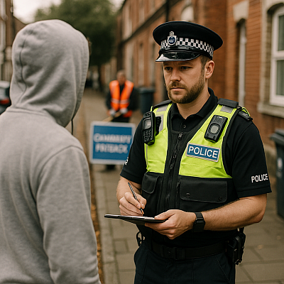 A British police officer in a high-visibility vest takes notes while speaking with a hooded civilian on a residential street. In the background, a man in an orange vest performs community payback work near a sign, symbolising visible enforcement, anti-social behaviour penalties, and public accountability.