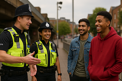 Two smiling British police officers engage in a friendly conversation with three young men on an urban walkway. The officers wear high-visibility vests and traditional helmets, while the young men laugh and listen attentively, reflecting positive community policing, trust-building, and proactive engagement to reduce gang activity and youth crime.