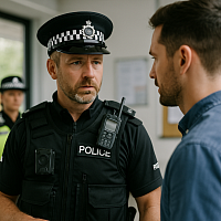 A British police officer wearing a body camera and communication radio speaks seriously with a civilian in a brightly lit office environment. A second officer stands in the background. The scene reflects transparent policing, body-worn technology, public trust, and community engagement within a professional setting.