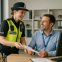 A smiling female British police officer in a high-visibility vest hands paperwork to a male civilian staff member seated at a desk in a modern office. The man wears a lanyard labeled 